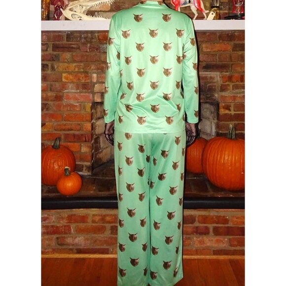Mint Green Annoyed Cat Pajama Set L pants button up top sleepwear kitty - Picture 6 of 9